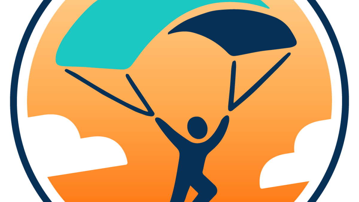 Rundes Logo Icon von Skyfactory Stadtlohn. Das Icon zeigt einen Fallschirmspringer auf orange farbengem Hintergrund.